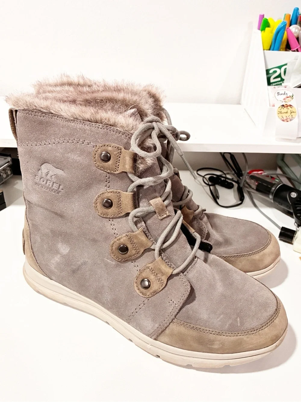 Sorel Boots NL-3039-052 Explorer Joan Shearling Gray Leather Bootie Size 11